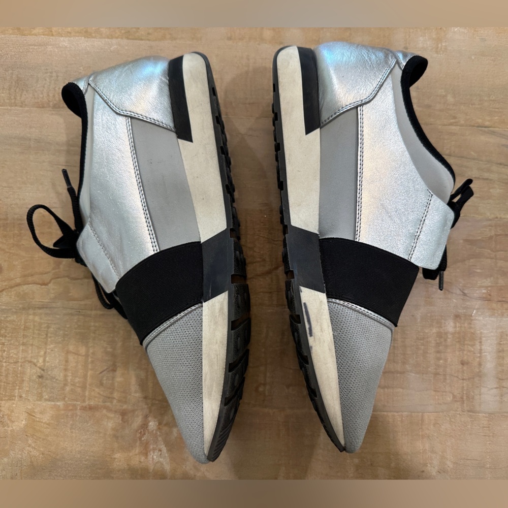 Balenciaga race runner sneakers metallic silver grey black leather tennis shoes - Picture 12 of 14